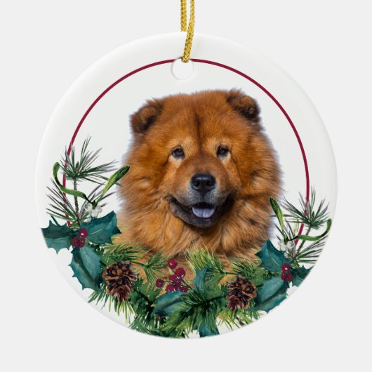 Red Chow Chow Dog Evergreen Berry Wreath Keramisch Ornament (Voorkant)