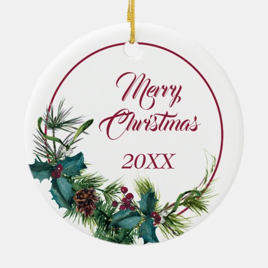 Red Chow Chow Dog Evergreen Berry Wreath Keramisch Ornament (Achterkant)