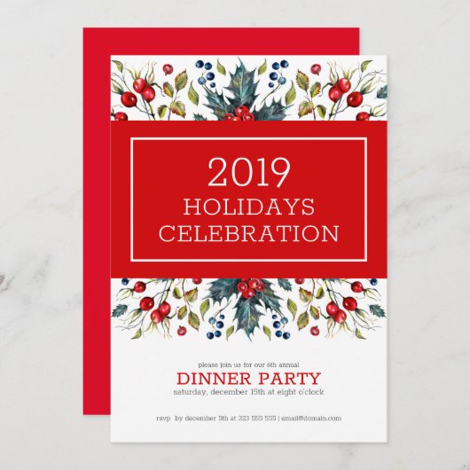 Red Christmas Berries Dîner de vacances invitation (Devant / Derrière)