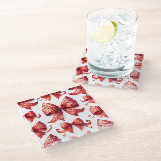 Red Christmas Bows Glazen Onderzetter (Schuin)