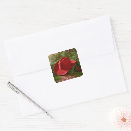 Red Christmas Cowboy Hat Vierkante Sticker (Envelop)