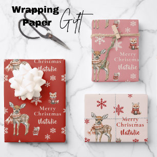 Red Christmas Deer & Fox gepersonaliseerd Inpakpapier Vel