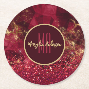 RED CHRISTMAS FIRE OPAL GLITTER CUSTOM MONOGRAM RONDE KARTONNEN ONDERZETTER