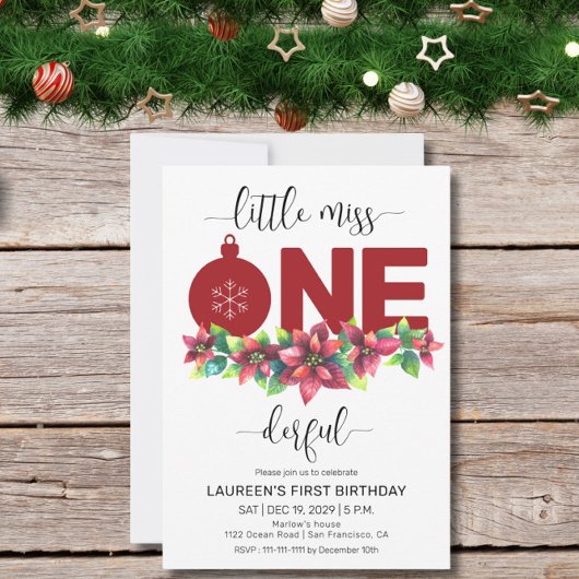 Red Christmas Little MIss 1st Birthday Invitation