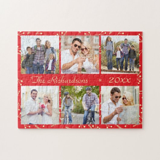 Red Christmas Personalized 6 Photo Collage Legpuzzel (Horizontaal)