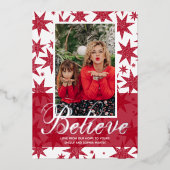 Red Christmas Photo Believe Foil Carte de vacances (Recto)