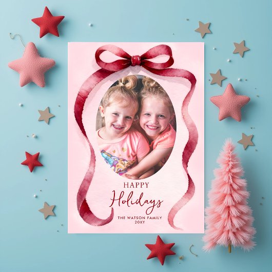 Red Christmas Photo Bow Ribbon Feestdagenkaart