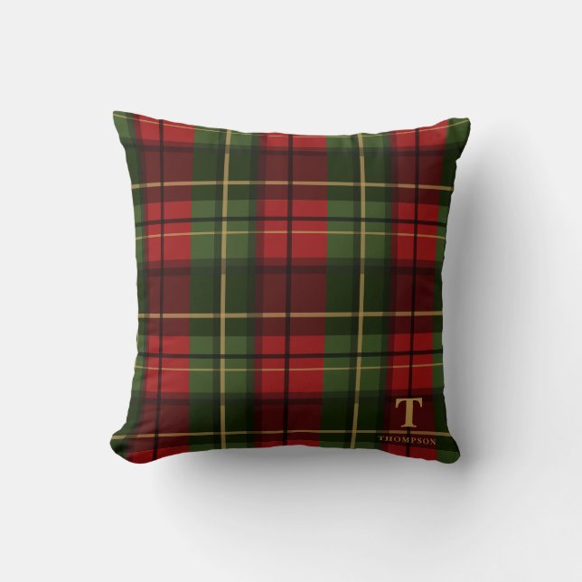 Red Christmas Plaid With Monogram And Surname Kussen (Voorkant)