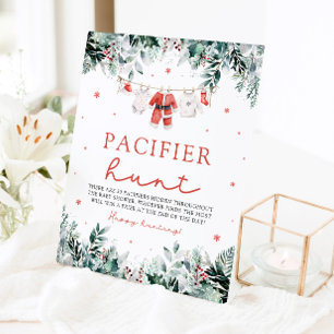 Red Christmas Santa Baby Pacifier Hunt Baby shower Reclamebord Met Voetstuk