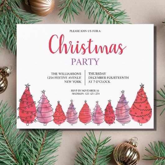 Red Christmas Trees Party Invitation Carte postale
