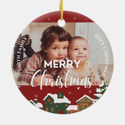 Red Christmas Village Custom Family Photo Keepsake Keramisch Ornament (Achterkant)