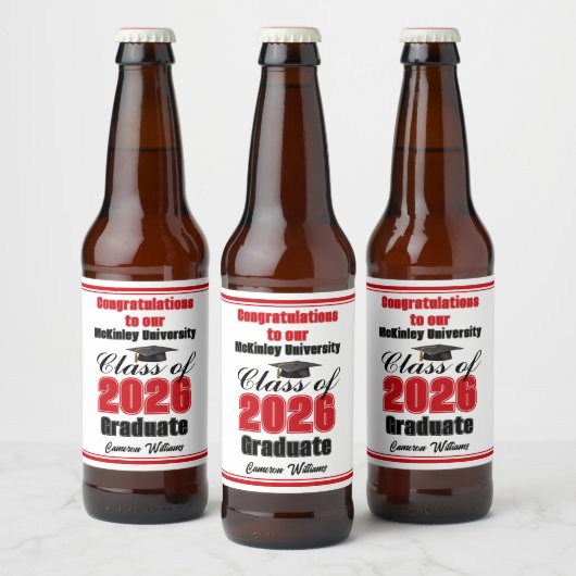 Red Class of 2026 Graduation Party Custom Bier Etiket (Flessen)
