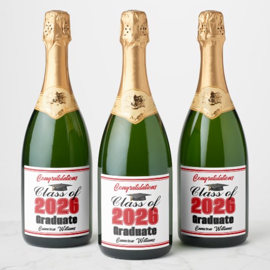 Red Class of 2026 Graduation Party Custom Sparkling Wijnetiket (Flessen)