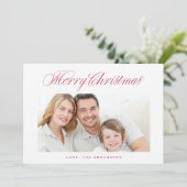 Red Classic Calligraphy Merry kerstfoto Feestdagenkaart (Staand voorkant)