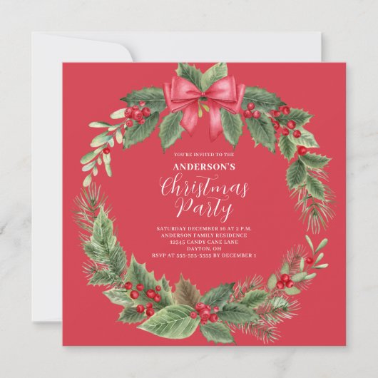 Red Classic Christmas Wreath Party Invitation (Devant)