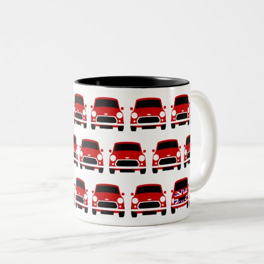 Red Classic Mini Car Mok met Uniefouancering (Voorkant rechts)