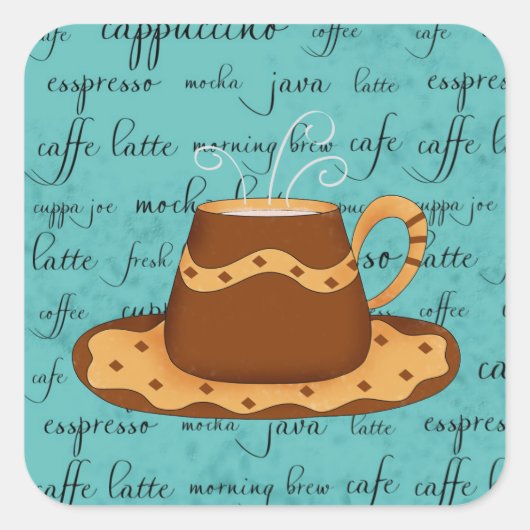 Red Coffee Cup Kunst op Turquoise Script Words Vierkante Sticker (Voorkant)