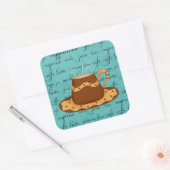 Red Coffee Cup Kunst op Turquoise Script Words Vierkante Sticker (Envelop)
