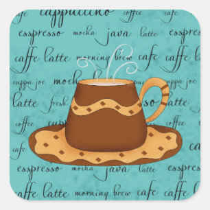 Red Coffee Cup Kunst op Turquoise Script Words Vierkante Sticker