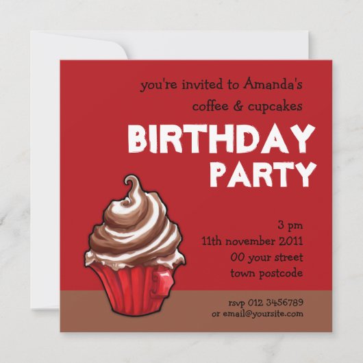 Red Coffee Cupcake Red Birthday Invitation Kaart (Voorkant)