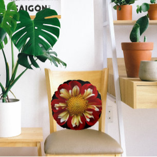 Red Collarette Dahlia Floral op zwart Rond Kussen