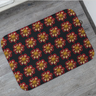 Red Collarette Dahlia Floral Pattern on Black Badmat