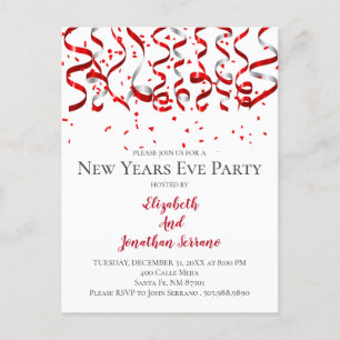 Red Confetti en Streamers, nieuwjaarsfeest Uitnodiging Briefkaart