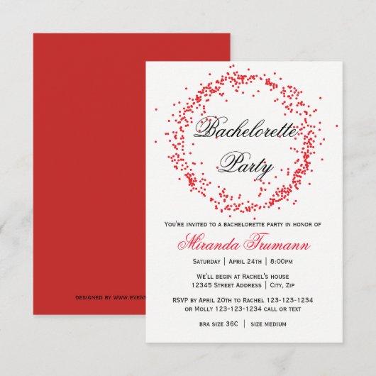 Red Confetti - Invitation du Bachelorette 3x5 (Devant / Derrière)