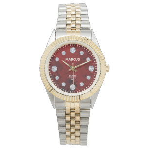 Red Coral Diamond Dial Aangepaste Naam Gift Horloge
