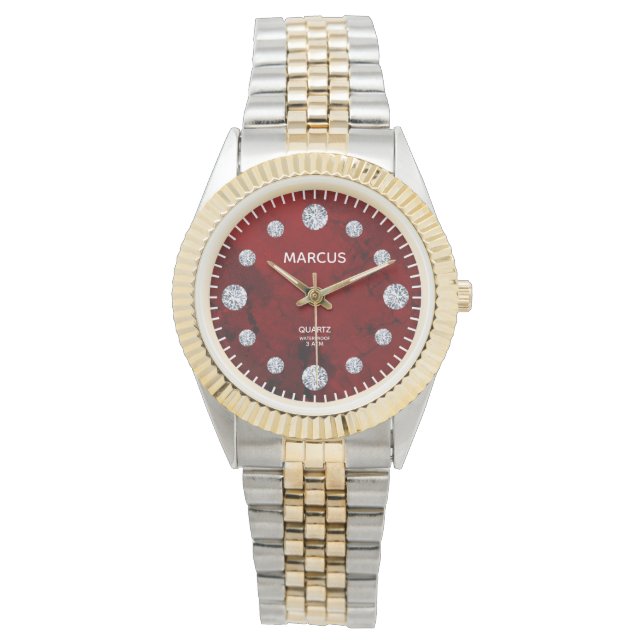 Red Coral Diamond Dial Aangepaste Naam Gift Horloge (Voorkant)