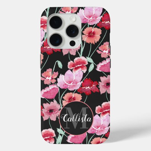 Red Coral Pink Black Waterverf Flowers Monogram Case-Mate iPhone Case (Achterkant)
