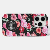 Red Coral Pink Black Waterverf Flowers Monogram Case-Mate iPhone Case (Achterkant (horizontaal))