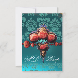 RED CORAL ROZEN, BLUE BLACK DAMASK MONOGRAM RSVP KAARTJE