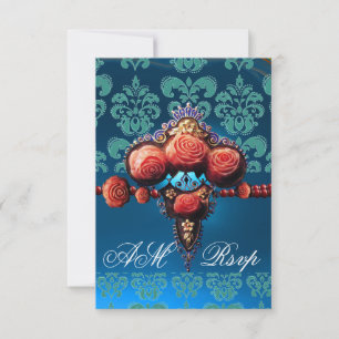 RED CORAL ROZEN, BLUE BLACK DAMASK MONOGRAM RSVP KAARTJE