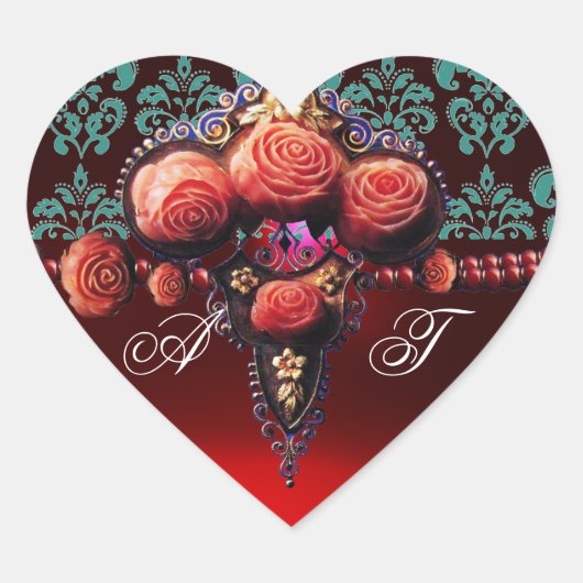 RED CORAL ROZEN, RUBY DAMASK HEART MONOGRAM HART STICKER (Voorkant)
