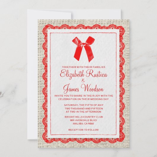 Red Country Burlap Invitations de mariage (Devant)