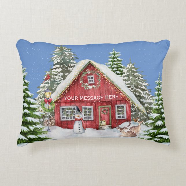 Red Country House Snow-kerstscène Accent Kussen (Voorkant)