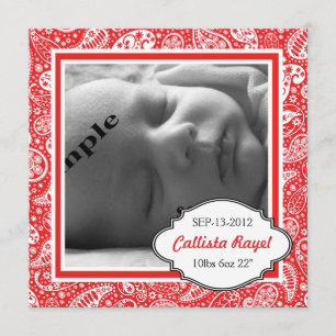RED Country Paisley Foto Birth and Baby shower Kaart