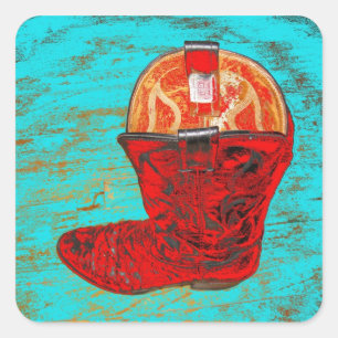Red Cowboy Boots Stickers Turquoise Background