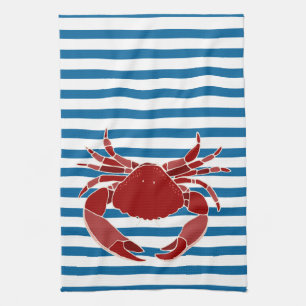 Red Crab Blue en White Stripe Kitchen Towel Theedoek