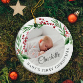 Red Cranberry Foliage Baby's eerste kerstfoto Keramisch Ornament