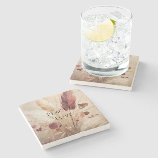 Red Cream Boho Feather Floral Stenen Onderzetter (Zijkant)