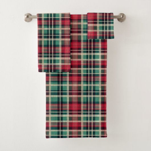 Red Cream Green Plaid Stripes Bad Handdoek (Insitu)