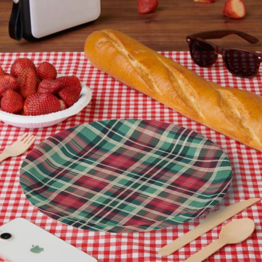 Red Cream Green Plaid Stripes Papieren Bordje (Picknick)