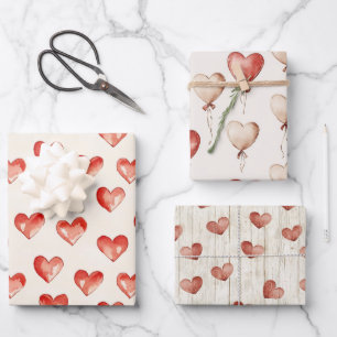 Red Cream Hearts Balloons Verjaardag Inpakpapier Vel