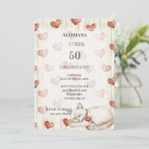 Red Cream Hearts Faux Wood Cat Birthday Kaart