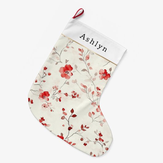 Red Cream White Floral Christmas Grote Kerstsok (Voorkant (Hangend))