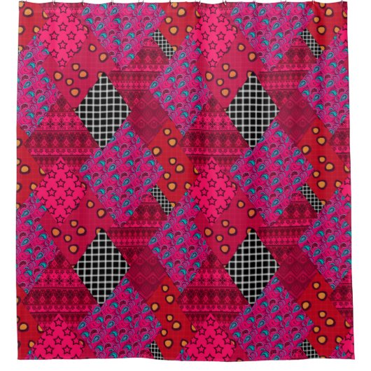 Red Crimson Colorful Patchwork Douchegordijn (Voorkant)