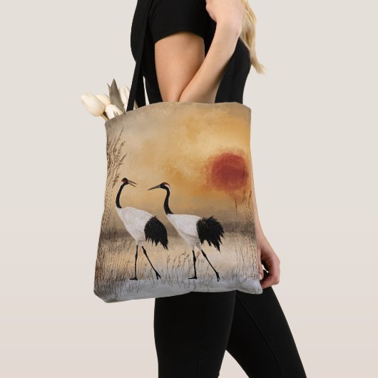 Red crowned cranes, watercolor artwork, draagtas (Dichtbij)