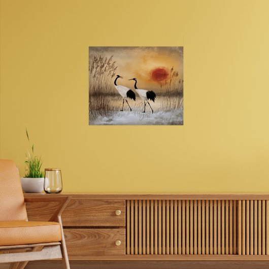 Red crowned cranes, watercolor artwork, poster (Woonkamer 2)